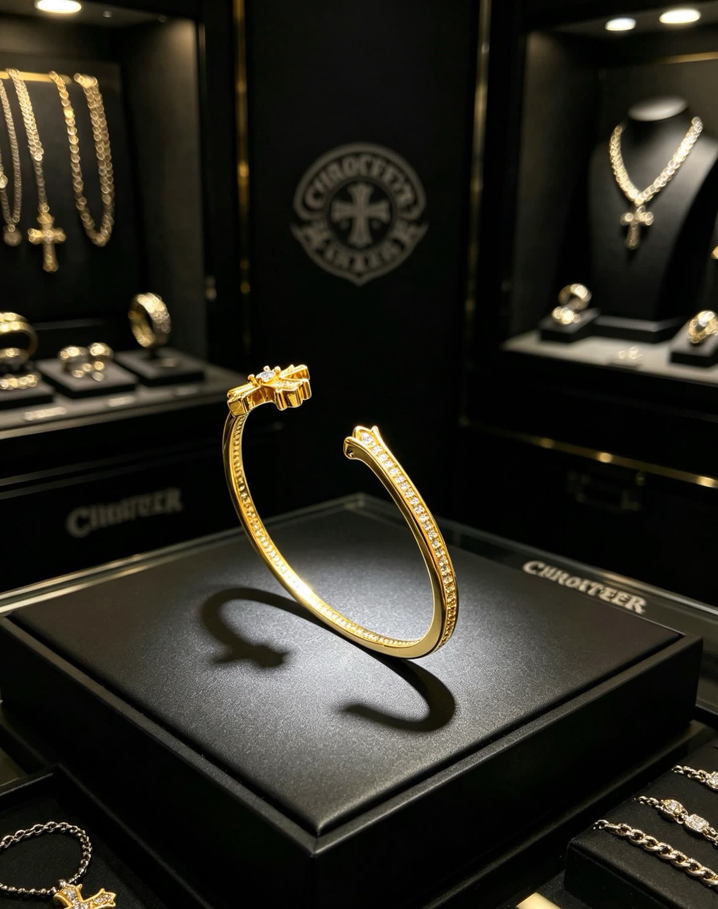 Chrome Hearts Elegant Gold Cross Bracelet with Crystal Accents